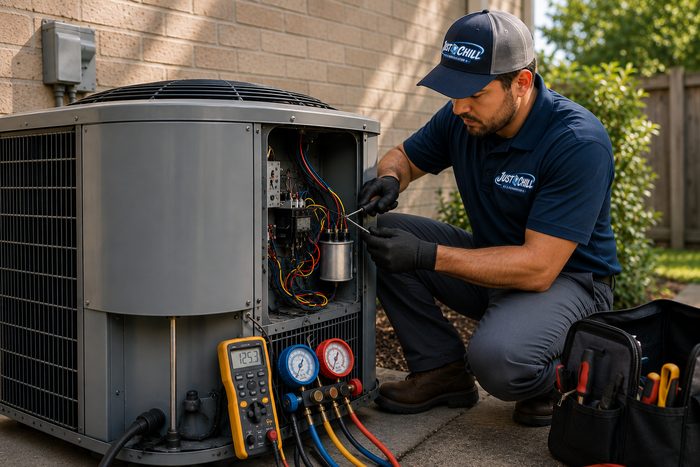 Just Chill technician repairing an outdoor AC unit