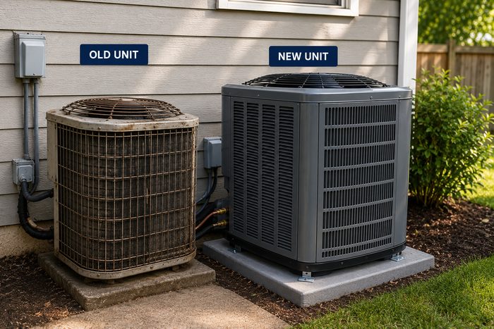 Old air conditioning unit next to a new replacement unit