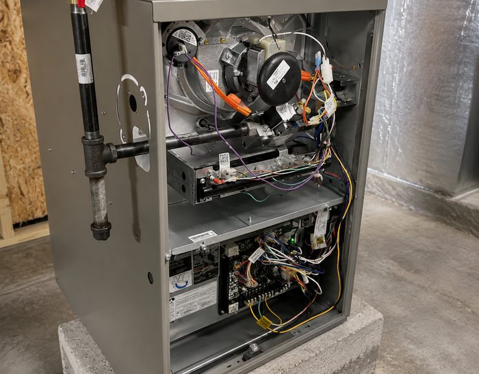 Open furnace showing internal wiring and components during repair