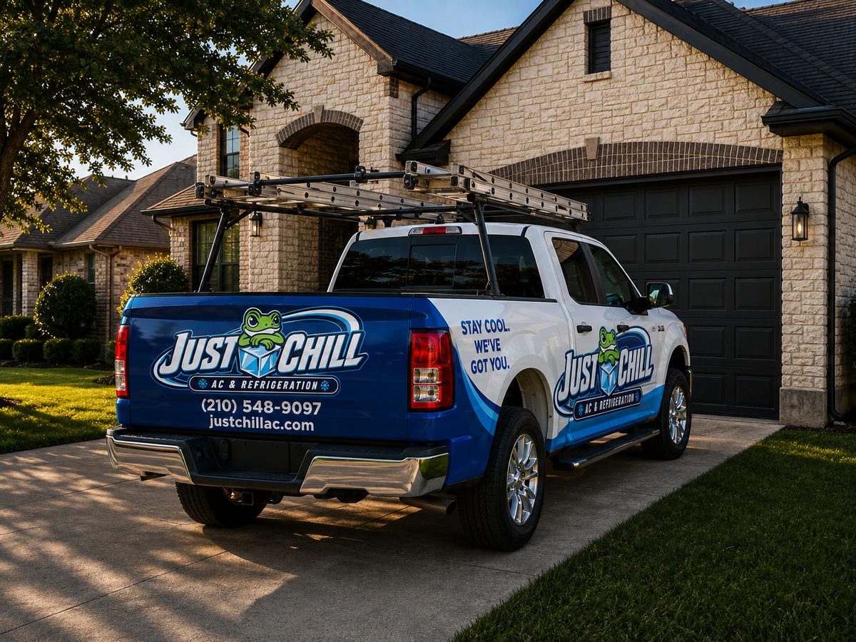 Just Chill company truck parked in a San Antonio driveway